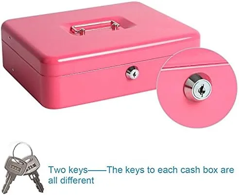 Vista 7 de Caja de dinero grande con bandeja de dinero y cerradura, caja de dinero de metal para efectivo, caja de seguridad de 11.8 x 9.5 x 3.54 pulgadas, rosa