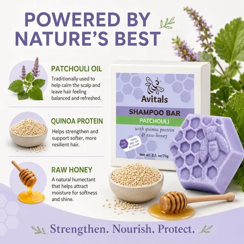Vista 4 de Avital's Apiaries Barra de champú de pachulí para cabello seco y teñido sin sulfato sólido con proteína de quinua, pantenol y manteca de karité