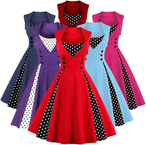 Vista 3 de IWEMEK Vestido de lunares vintage para mujer, estilo años 1950, rockabilly, halter, Audrey, retro, floral, para la noche, cóctel, vestido de swing