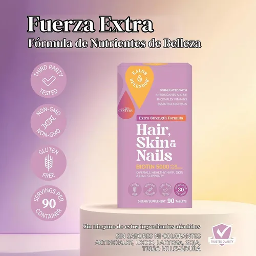 Vista 2 de 21st Century Tabletas para cabello, piel y uñas, extra fuerte con biotina, 90