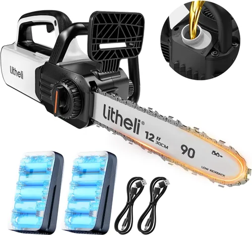 Vista 8 de Litheli Motosierra eléctrica portátil de 10 pulgadas, inalámbrica, funciona con pilas, con 4000 mAh, mini sierras para cortar árboles, jardín