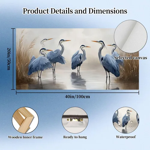 Vista 5 de 20"x 40" Canvas Wall Art Blue Heron Sea Bird Wild Bird Coastal Birds Vintage Heron Herons Blue Framed Pictures Painting Prints Large Wall Art for