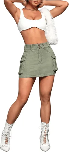 Vista 6 de WDIRARA Minifalda de mezclilla tipo cargo con botones y cintura baja para mujer con bolsillo