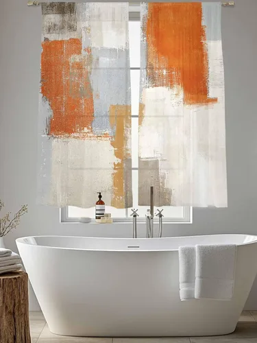 Vista 6 de Cortinas traslúcidas naranjas de 63 pulgadas de largo, juego de 2 paneles de cortinas de cocina naranja y gris, cortinas semitransparentes