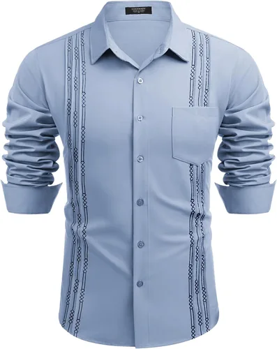 Vista 4 de COOFANDY Men's Cuban Guayabera Shirts Casual Button Down Long Sleeve Beach Shirt