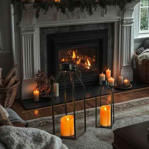 Vista 4 de Faroles de vela decorativos para interiores – Moderno farol de granja para decoración del hogar – 2 linternas de metal negro, velas parpadeantes