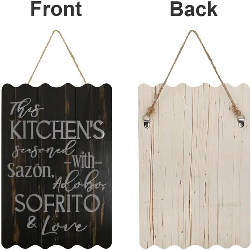 Vista 8 de Letrero de madera con texto en inglés «This Kitchen is Seasoned with Sazon Adobo Sofrito & Love» La Cocina española puertorriqueña para decoración