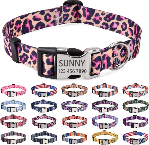 Vista 12 de Mihqy Collares de perro personalizados, collar de perro personalizado con nombre y número de teléfono, múltiples patrones y 4 tamaños de collar