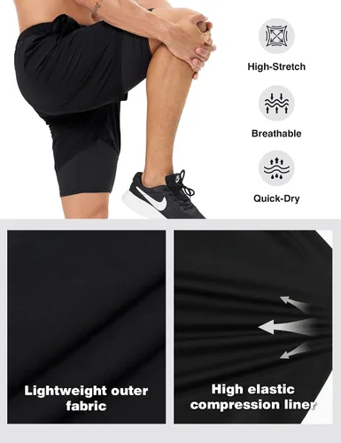 Vista 4 de Pantalones cortos deportivos 2 en 1 para hombre, de secado rápido, 5 pulgadas, ligeros, con forro y bolsillos