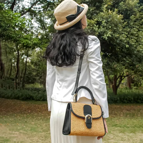 Vista 6 de boshiho Bolso de mano tejido de paja retro para mujer, pequeño bolso cruzado para el hombro, bolso de mensajero