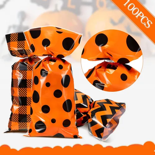 Vista 3 de Tenare 120 bolsas de dulces de celofán de otoño de Halloween a granel Bolsas de celofán para dulces de truco o trato, estampado de cheurón a cuadros