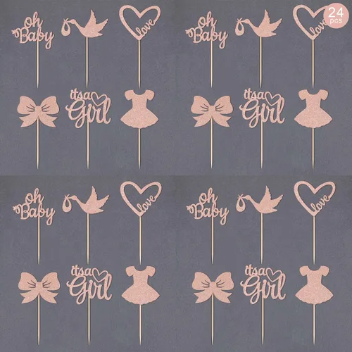 Vista 4 de Gexolenu 24 piezas Oh Baby Rose Gold de doble cara para cupcakes It's a Girl Cupcake Picks Heart Love Baby Shower Cake Decoraciones para niñas