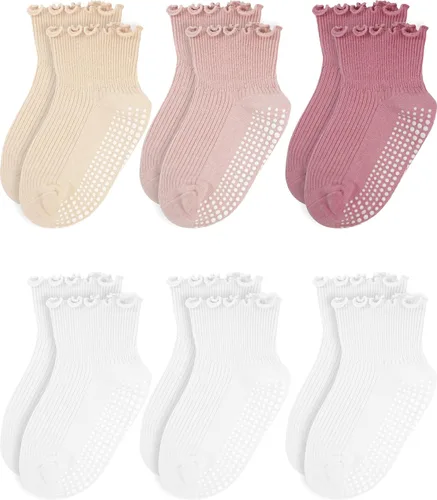 Vista 9 de Calcetines con volantes para niñas – Calcetines antideslizantes con puños – Calcetines de algodón suave con volantes para interiores