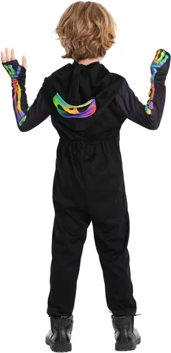 Vista 6 de Seasons Disfraz de esqueleto arcoíris con capucha para niños, sensible a la luz negra, disfraz de cosplay de Halloween
