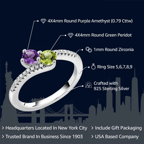 Vista 2 de Gem Stone King Anillo de derivación de dos piedras para mujer en plata de ley 925 Piedra natal redonda de 0.157 pulgadas y amatista púrpura Anillo