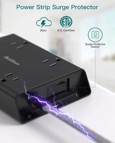 Vista 6 de Protección contra sobretensiones Addtam, cable de extensión de enchufe plano de 5 pies con 4 cargadores de pared USB (2 puertos USB C), 4 tomas