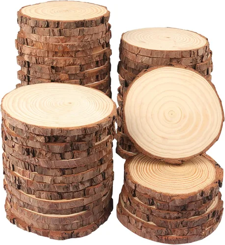 Vista 10 de 4 piezas de rodajas de madera natural de 10-12 pulgadas, círculos de madera de pino sin terminar con corteza para posavasos, manualidades DIY