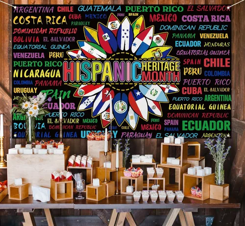 Vista 4 de Sunwer Decoración del Mes Nacional de la Herencia Hispana, telón de fondo para cabina de fotos Latino 21 Países Banderas Español Girasol Escuela