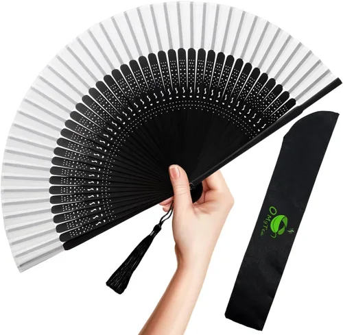 Vista 16 de OMyTea, abanico desplegable con motivo de flores de yuyos (8.27 pulgadas - 21 centímetros) con funda de tela para protección, estilo chino/japonés