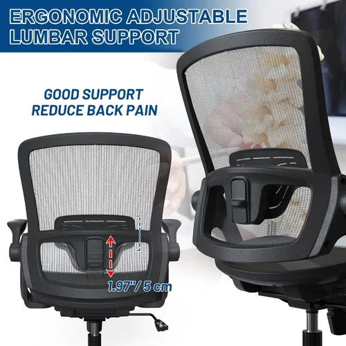 Vista 5 de Silla de oficina de malla ergonómica giratoria para el hogar, cómoda silla de computadora moderna negra con soporte lumbar ajustable, cómoda silla