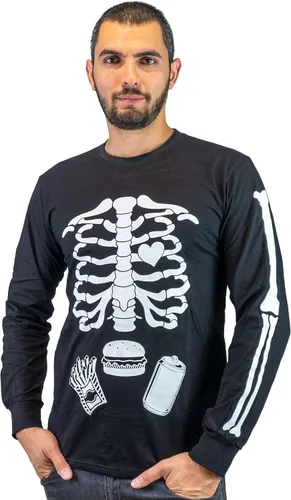 Vista 2 de Pareja de Halloween que brilla en la oscuridad Camisas de manga larga para bebé Rayos X Camiseta de maternidad para hombre, hamburguesa, esqueleto