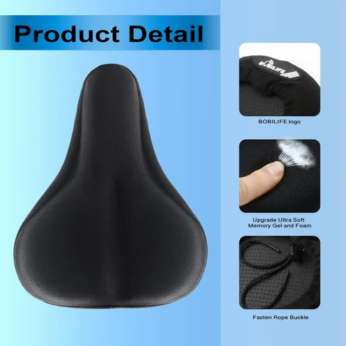 Vista 4 de Cojín de gel grueso y ancho para asiento de bicicleta con funda impermeable - Cómodo cojín de silicona de espuma viscoelástica para asiento