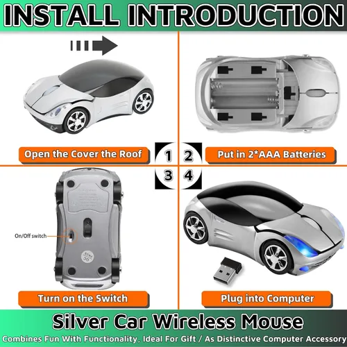 Vista 4 de Mouse inalámbrico para coche, 2.4G inalámbrico con receptor USB, mouse óptico para PC, portátil, tableta, Win XPVista7ME2000Mac OS (plateado)