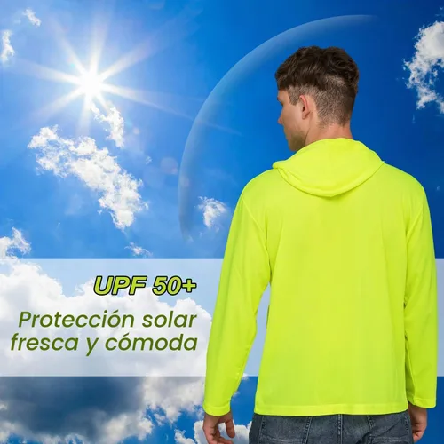 Vista 6 de ProtectX Paquete de 2 sudaderas con capucha para hombre Hi Vis, ligera, larga, para el sol, con capucha Verde neón - Paquete de 2