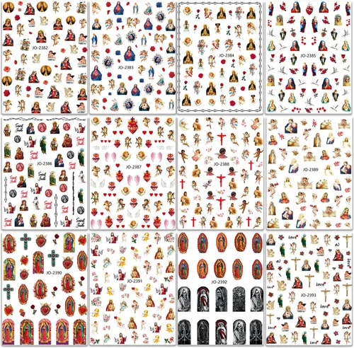 Vista 6 de Calcomanías de arte de uñas de Dios Jesús, Cristo, Virgen, María, Amor, Cupido, Ángel, Satanás, diseños de calcomanías autoadhesivas para uñas