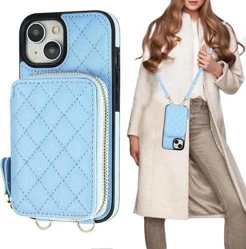 Vista 15 de Bocasal Funda tipo cartera con bandolera para iPhone 15, de cuero PU con bloqueo RFID, con cierre de cremallera, cartera tipo bolso con función