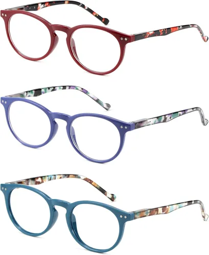 Vista 2 de MDee Gafas de lectura para mujer, paquete de 3 unidades, redondas, con bloqueo de luz azul, bisagras de resorte