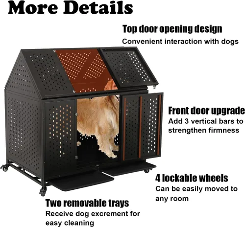 Vista 6 de Jaula para perros indestructible de 44 pulgadas con ruedas, jaula de acero a prueba de escapes para interiores, doble puerta, alta ansiedad