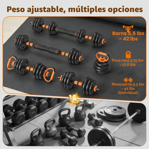Vista 3 de Juego de mancuernas ajustables, 33/44/66/88 libras, juego de pesas libres con conector, juego de mancuernas 5 en 1 utilizado como barra, pesas