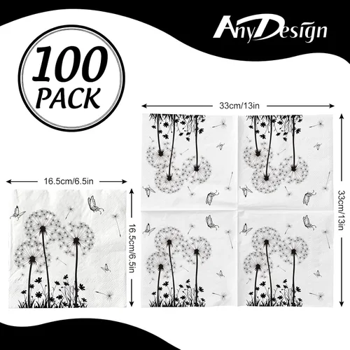 Vista 2 de AnyDesign Paquete de 100 servilletas de papel de diente de león, servilletas de almuerzo florales blancas y negras, desechables, decorativas
