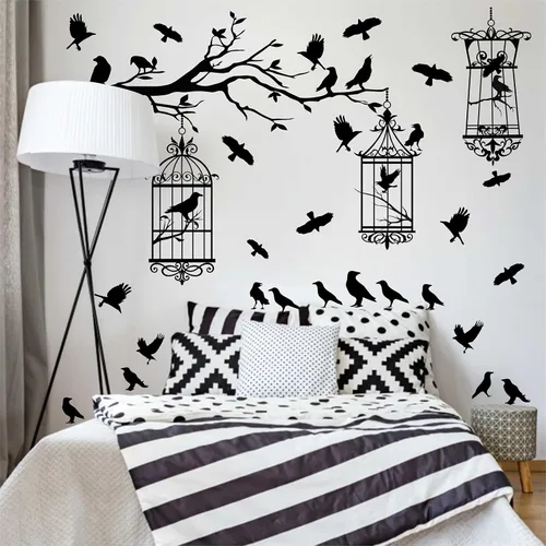 Vista 8 de Calcomanías de pared de ramas de árbol de Halloween, cuervo negro, pájaro, pájaro, pelar y pegar, calcomanías de cuervo para jaula de pájaro, Jaula