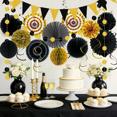 Vista 4 de 24 decoraciones de fiesta negras y doradas, abanicos de papel, guirnaldas de pompones de panal, suministros colgantes reutilizables para graduación