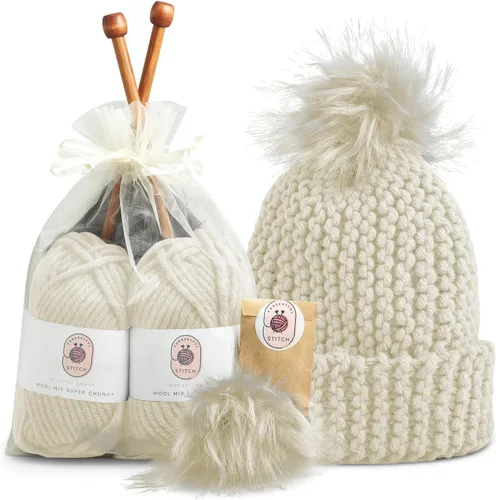 Vista 2 de Kits de tejido para principiantes y adultos – Kit de tejer sombrero práctico y fácil de usar con hilo, agujas de tejer de bambú, pompón sintético