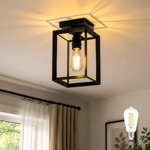 Vista 10 de Mayful Lámpara de techo de montaje empotrado con pantalla de cristal transparente, lámpara de techo de marco de metal negro para granja para isla