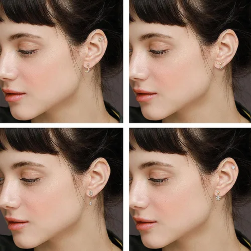 Vista 7 de JOERICA 9 aretes de cartílago para mujer, acero inoxidable 316L, chapados en oro, circonia cúbica, colgantes, hélix, tragus, cartílago, piercing