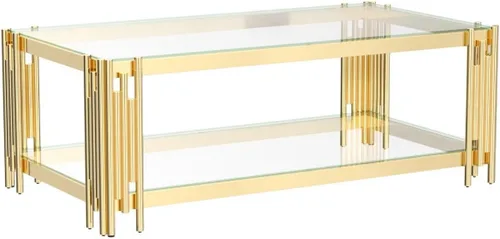 Vista 5 de Mesa auxiliar, mesa auxiliar moderna, parte superior de cristal, mesa de centro doble de acero inoxidable dorado para sala de estar
