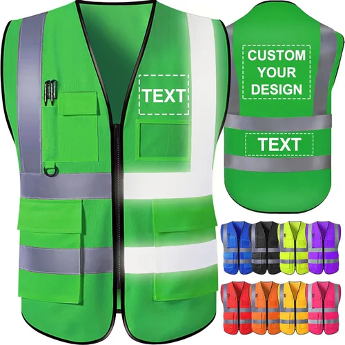Vista 14 de Chaleco de seguridad personalizado para hombre con bolsillos con logo, chalecos reflectantes de alta visibilidad para construcción, ropa