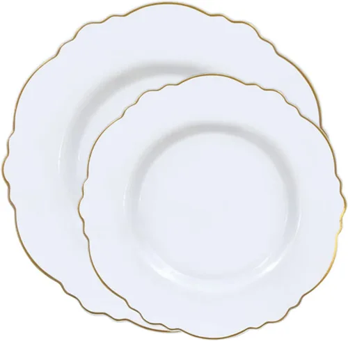 Vista 4 de Elegante vajilla desechable de plástico resistente, platos de plástico con diseño de borde de flores, para bodas, cumpleaños y todas las ocasiones