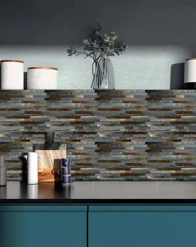 Vista 4 de 10 hojas de azulejos de metal de PVC para salpicaduras de pelar y pegar, adhesivo de pared de grano de madera autoadhesivo, fácil de pegar