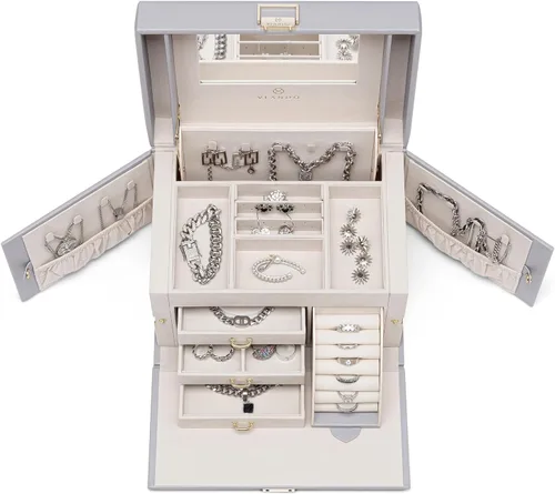 Vista 7 de Vlando Organizador de caja de joyería con espejo, caja de almacenamiento de joyería de cuero, collares, aretes, anillos, soportes, soporte de caja