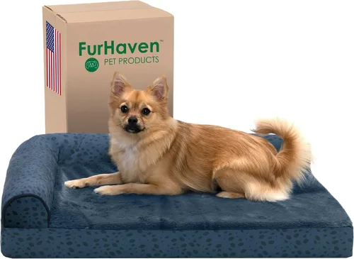 Vista 21 de Furhaven - Cama para perro de espuma viscoelástica, estilo diván en forma de L, de felpa y estampado de almendras, almendras azules, talla jumbo
