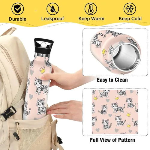 Vista 4 de Water Bottle for Kids with Straw Leakproof Insulated Water Bottles 20oz, BPA-Free, Cute Black White Leopard Kittens