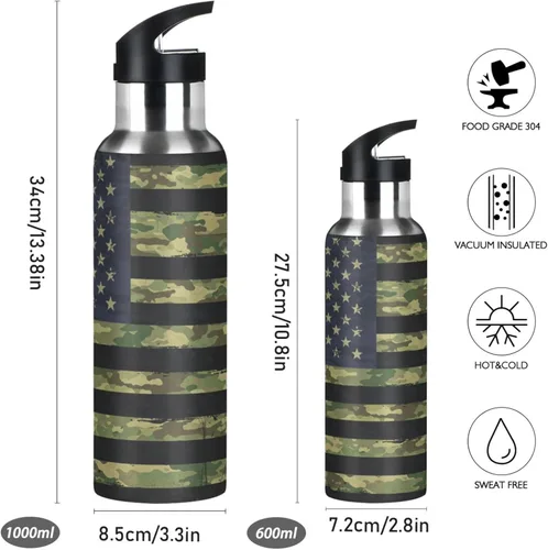 Vista 2 de ALAZA Botella de agua con diseño de bandera estadounidense con diseño de camuflaje grunge con tapa de pajilla, botella térmica de acero inoxidable