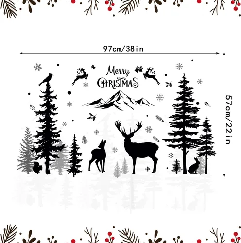Vista 7 de Calcomanías de pared de Navidad, calcomanías de pared de animales del bosque de invierno, impermeable, montaña, bosque, ventanas, calcomanías