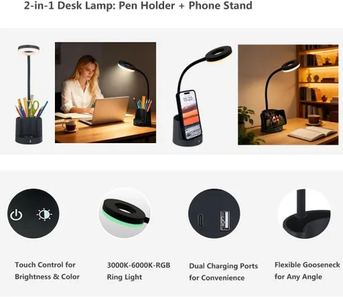Vista 8 de HomeFocus Lámpara de escritorio, lámpara de escritorio LED RGB, lámpara de mesa, luz de lectura y luz nocturna para oficina en casa, negro