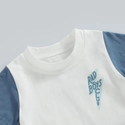 Vista 4 de Conjunto de ropa de verano para bebé niño pequeño, camiseta de manga corta con letras y pantalones cortos enrollados para recién nacidos
